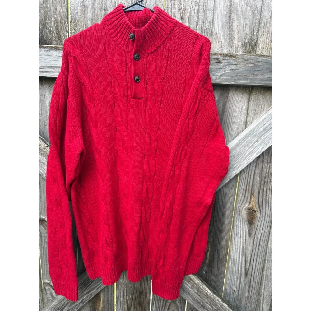 Chaps Red Cable Knit Cotton Sweater Mens XXL Mock Neck Button Pullover